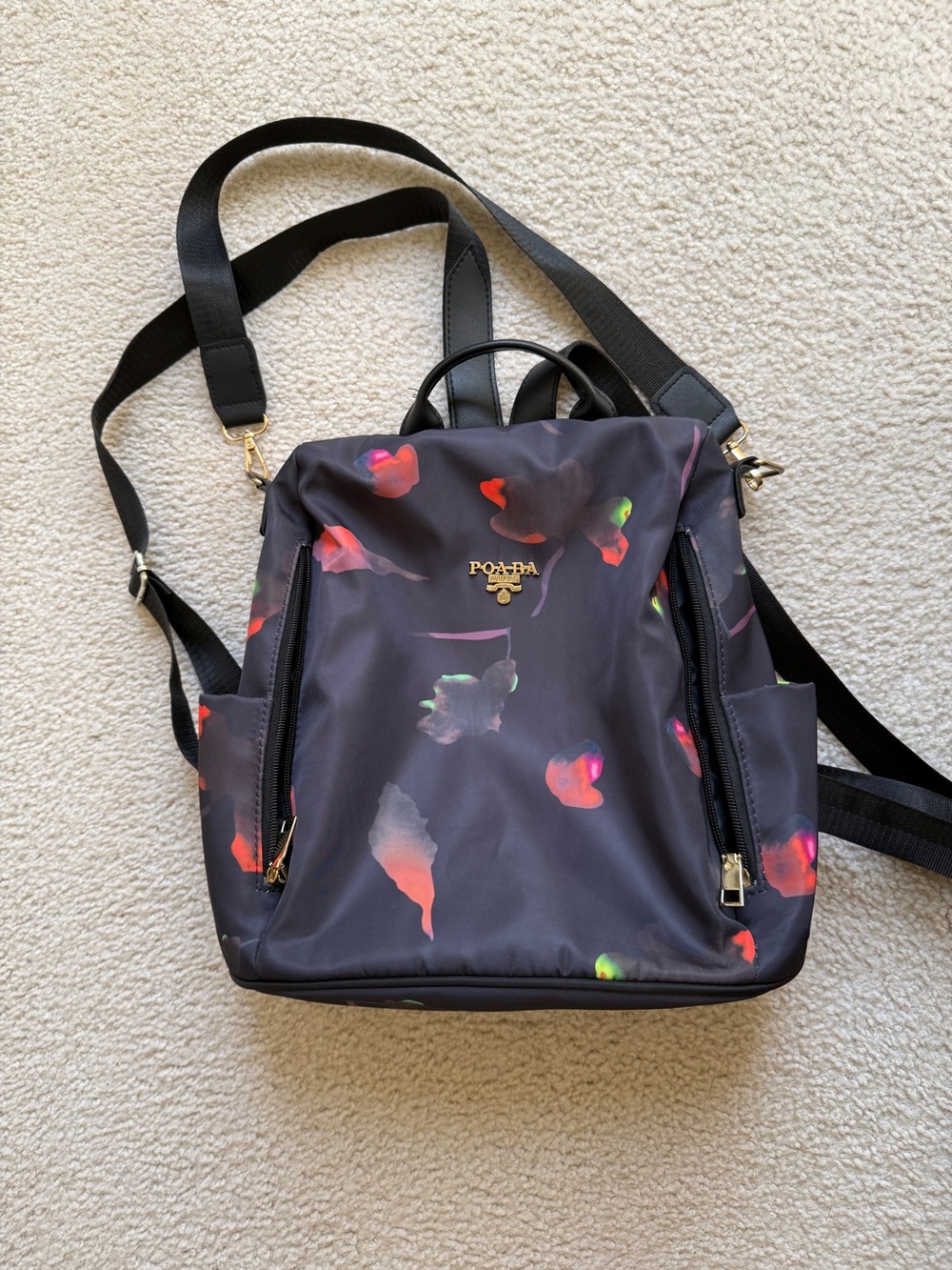 Black Floral Print Nylon Backpack - Women's Convertible Daypack